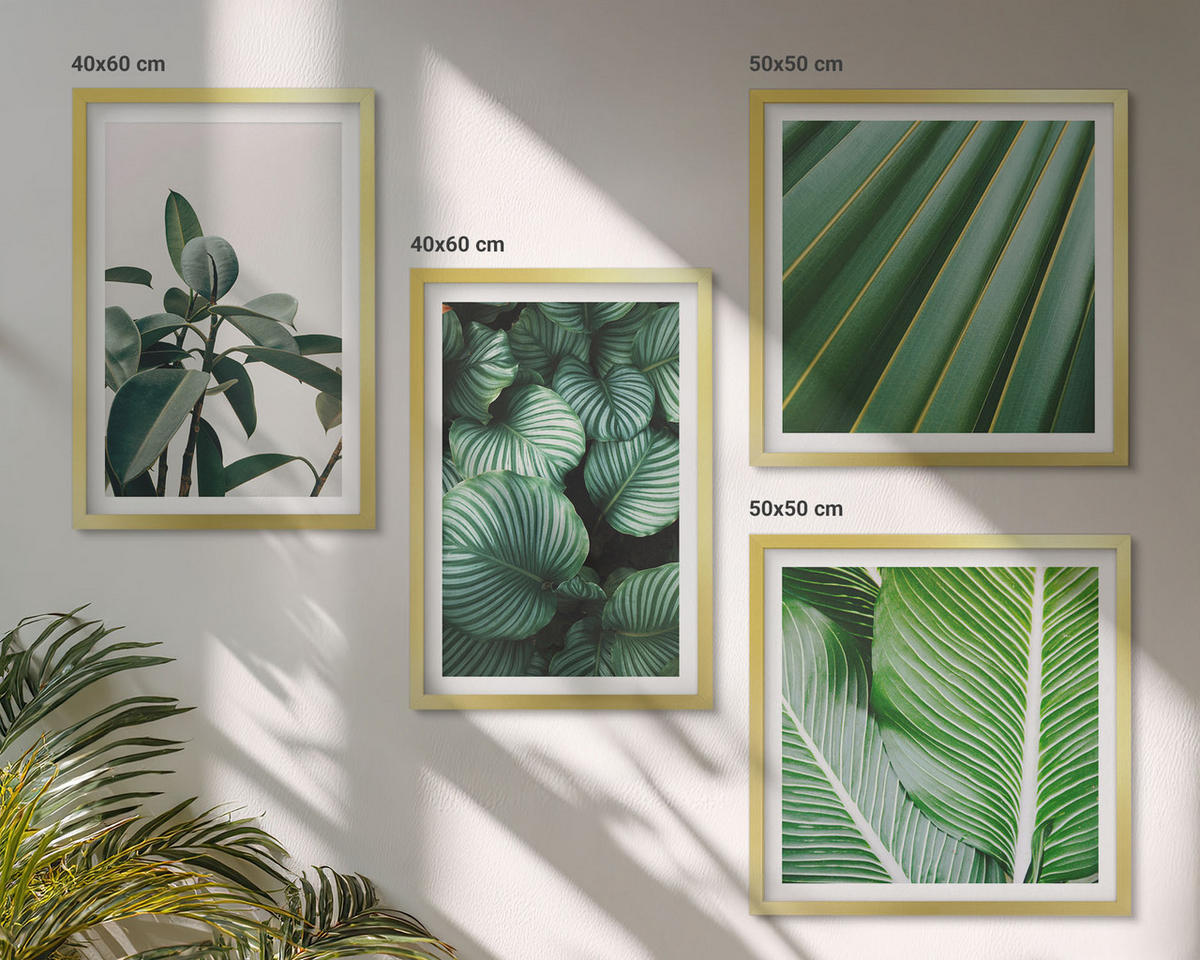 BILDER SET 4er Set - 50x50 cm & 40x60 cm Goldrahmen - Tropische Blätter in Grün - Goldfarben, Kunststoff (50/50cm) - TULUP