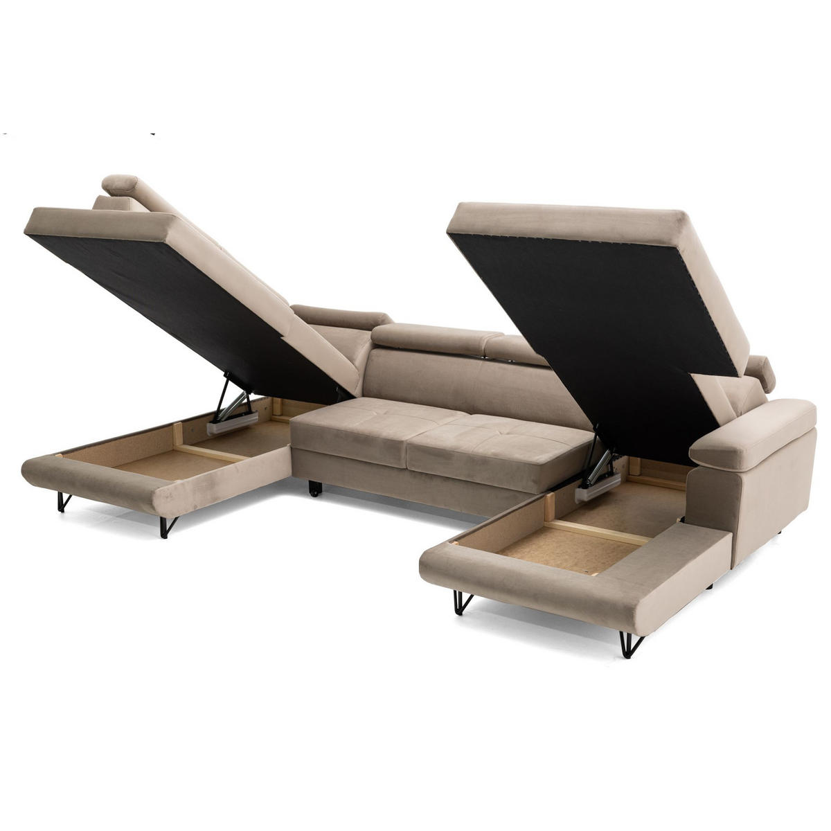 ECKSOFA U-Form JUNIOR U Links mit Schlaffunktion 128x254 Velours Beige - Beige/Schwarz, Holz/Textil (323/90/184cm) - Muffo