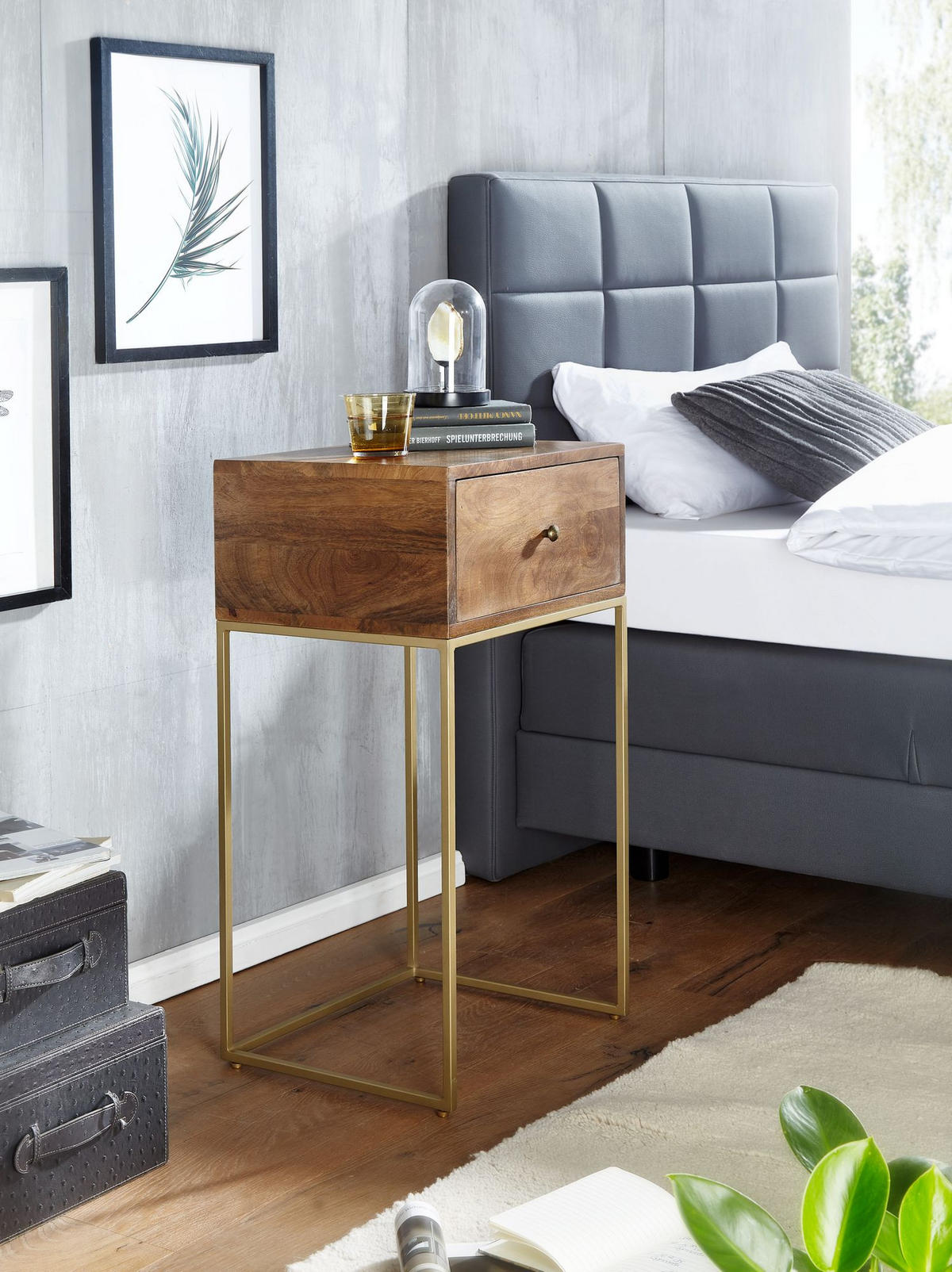 NACHTTISCH – Mango Massivholz/Metall, 1 Schublade, Industrial-Stil - Goldfarben/Braun, Holz/Metall (40/75/35cm) - KADIMA DESIGN