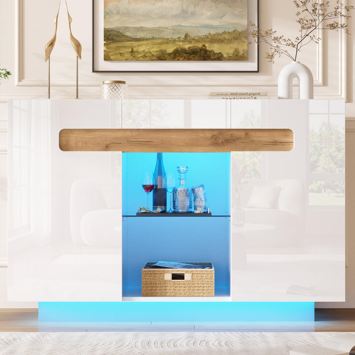 SIDEBOARD in Weiß Mehrzweckschrank mit Schublade und LED, hochglänzende Fronten, B120/T40/H80 cm, für Wohn- und Küche - Weiß, Glas/Holzwerkstoff (120/80/40cm) - STILVORA