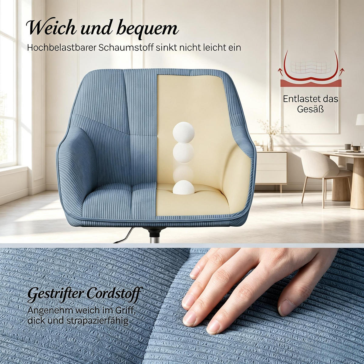 DREHSTUHL mit Rückenlehne, Cordbezug, Sitzhöhe 45 bis 55,5 cm - Blau, Leder (56/81/40cm) - Gisaae