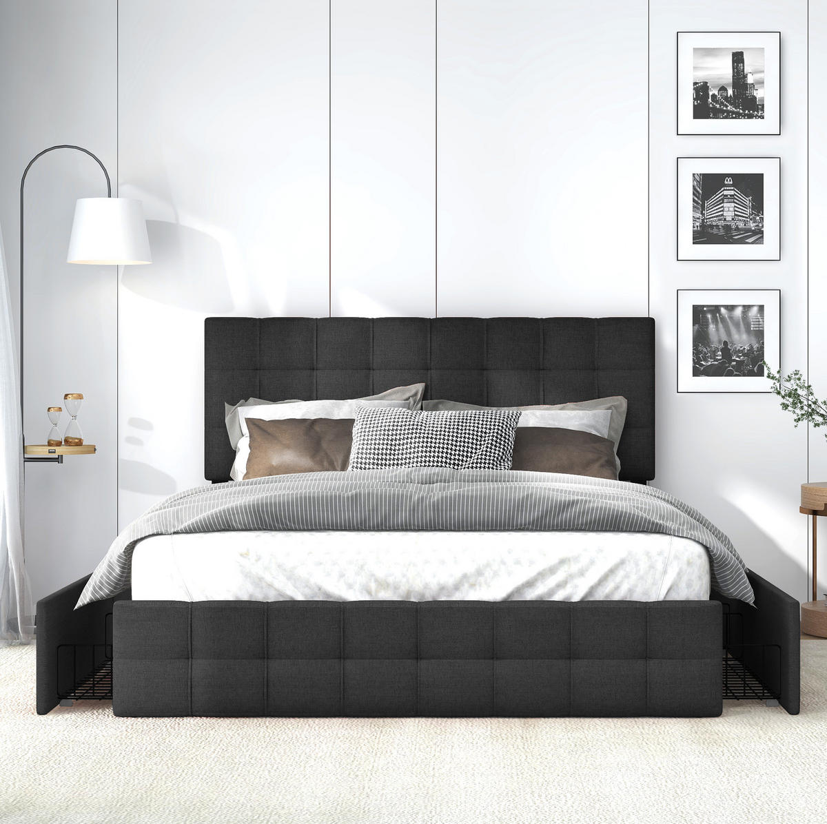 POLSTERBETT mit 4 Schubladen 140x200 cm Leinen Schwarz - Schwarz, Metall (140/200cm) - Meubliv