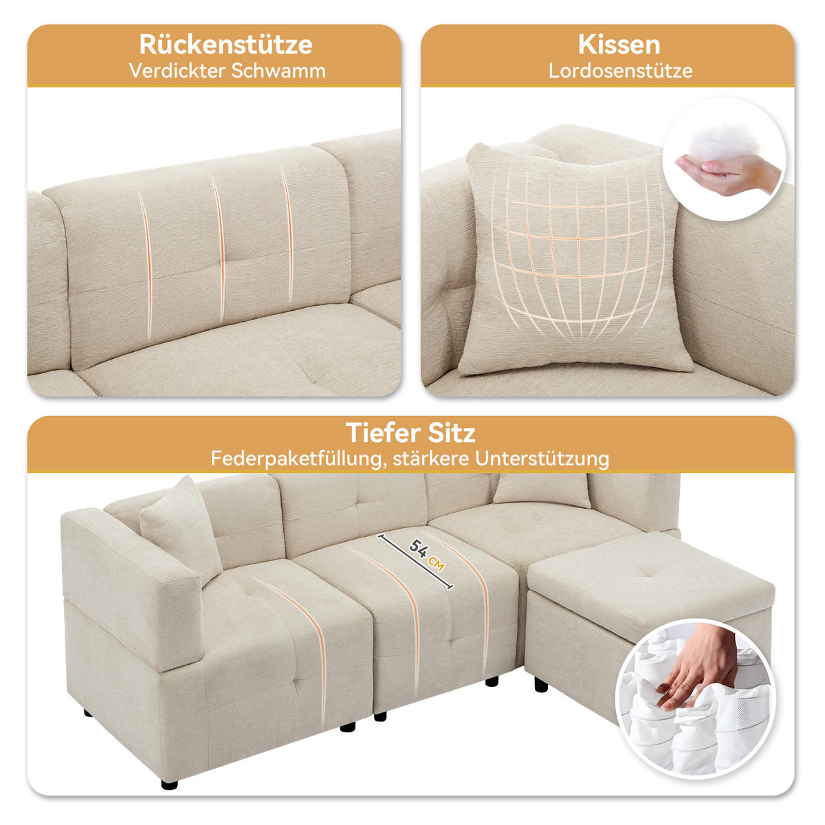 3-SITZER Ecksofa Chenille mit Stauraum-Fußhocker und 2 Kissen 204/126/69 cm Beige - Beige, Kunststoff/Textil (126/204cm) - Redom