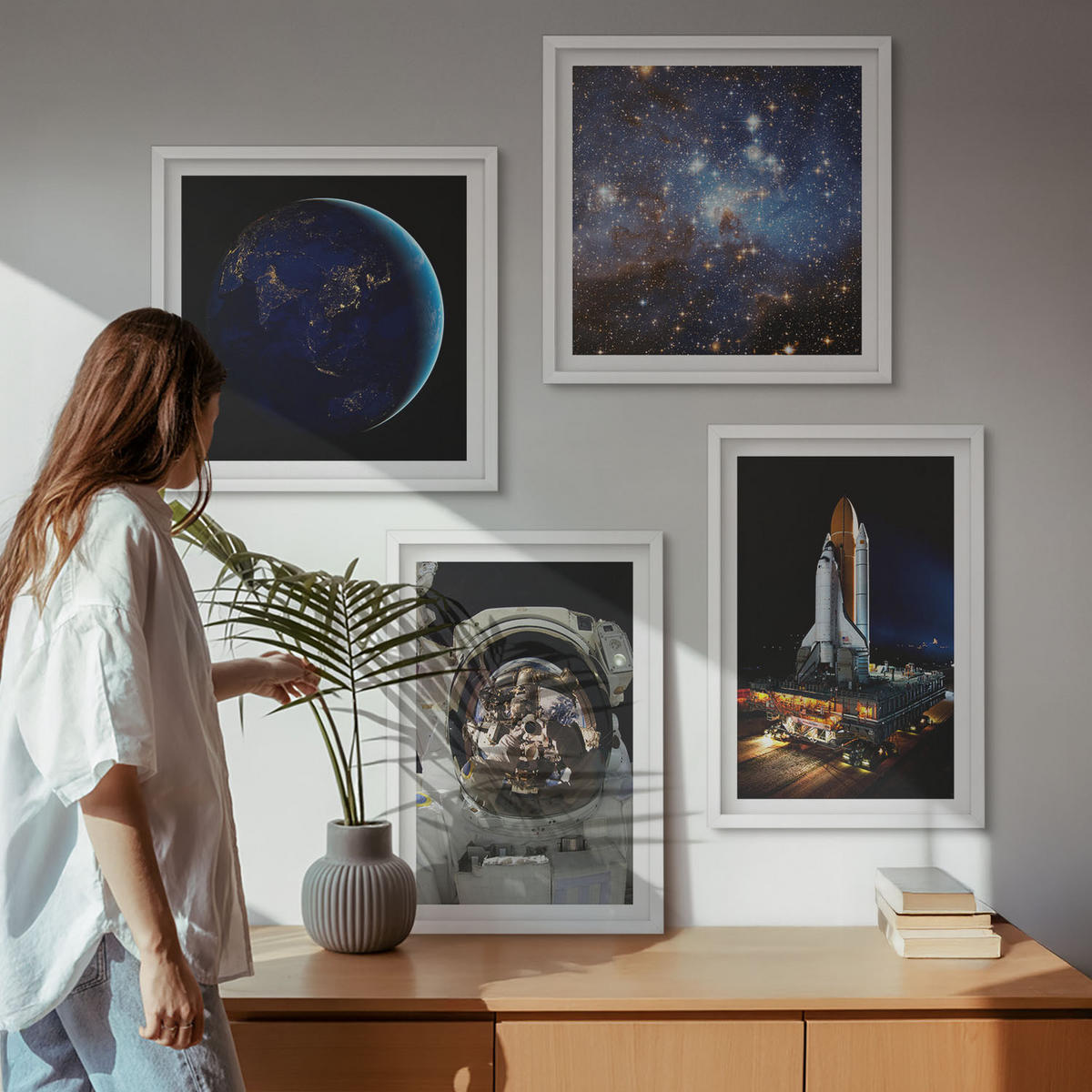 WANDBILDER 4er-Set - 50x50 cm & 40x60 cm Weißer Rahmen - Weltraum Erde Astronaut Rakete - Weiß, Kunststoff (50/50cm) - ArtPrintCave