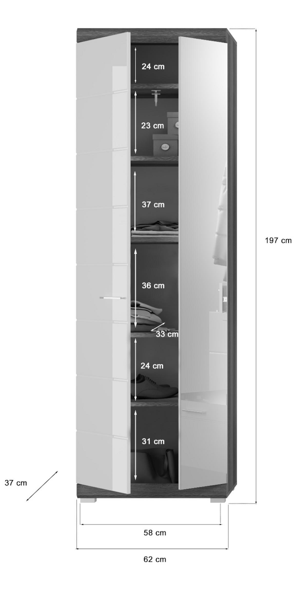 GARDEROBENSCHRANK weiß Hochglanz und grau 62 cm, Schuhschrank mit Spiegel - Chromfarben/Weiß Hochglanz, Glas/Holzwerkstoff (62/197/37cm) - Inn.Furn