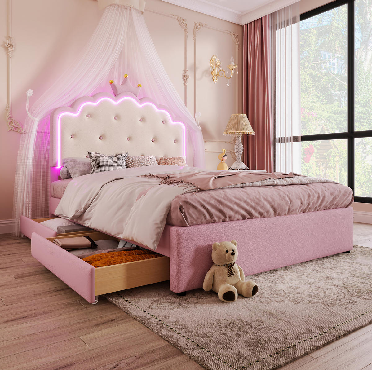 POLSTERBETT 140/200 cm mit LED-Beleuchtung und Ausziehbett in Rosa - Rosa, Kunststoff (140/200cm) - BEAOK