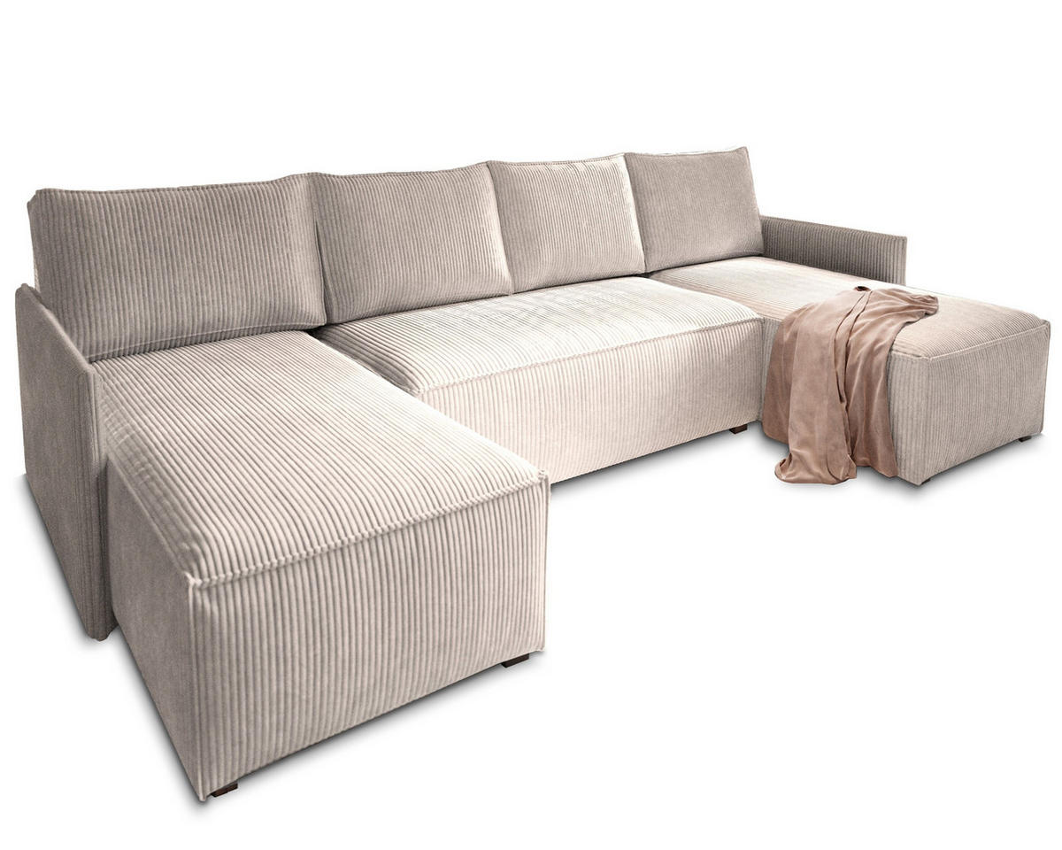 WOHNLANDSCHAFT TRES Creme Kordstoff mit Schlaffunktion - Creme, Holz (271/85/140cm) - MASSENO