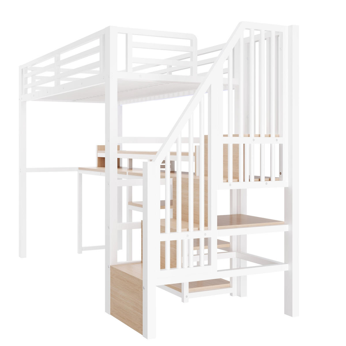 HOCHBETT Metall & MDF 90x200 cm Weiß mit Leiterschrank, Ablagefach, LED sowie USB + Typ-C - Weiß, Holzwerkstoff (90/200cm) - Modfu