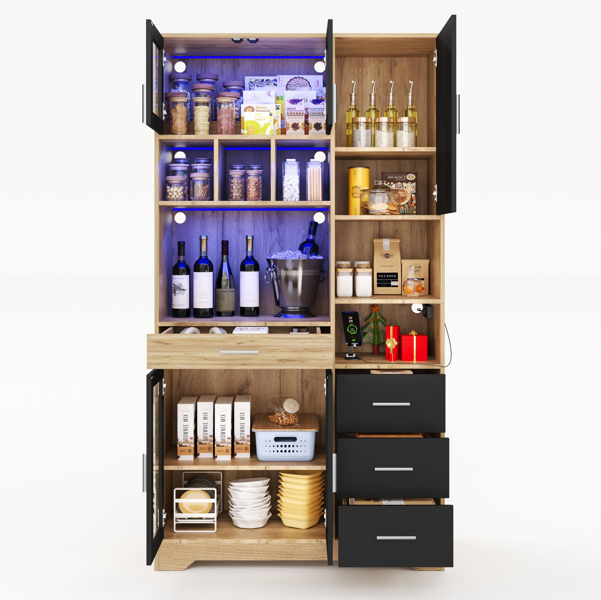 BUFFETSCHRANK 40/100/185 cm schwarz/natur aus MDF mit LED - Schwarz, Holzwerkstoff (100/185/40cm) - OKWISH