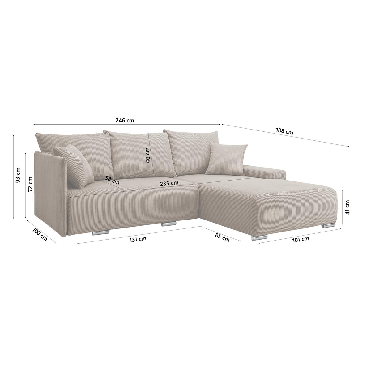 ECKSOFA TRAWANGA L mit Schlaffunktion, Beige - Beige, Textil (246/188cm) - Fedve