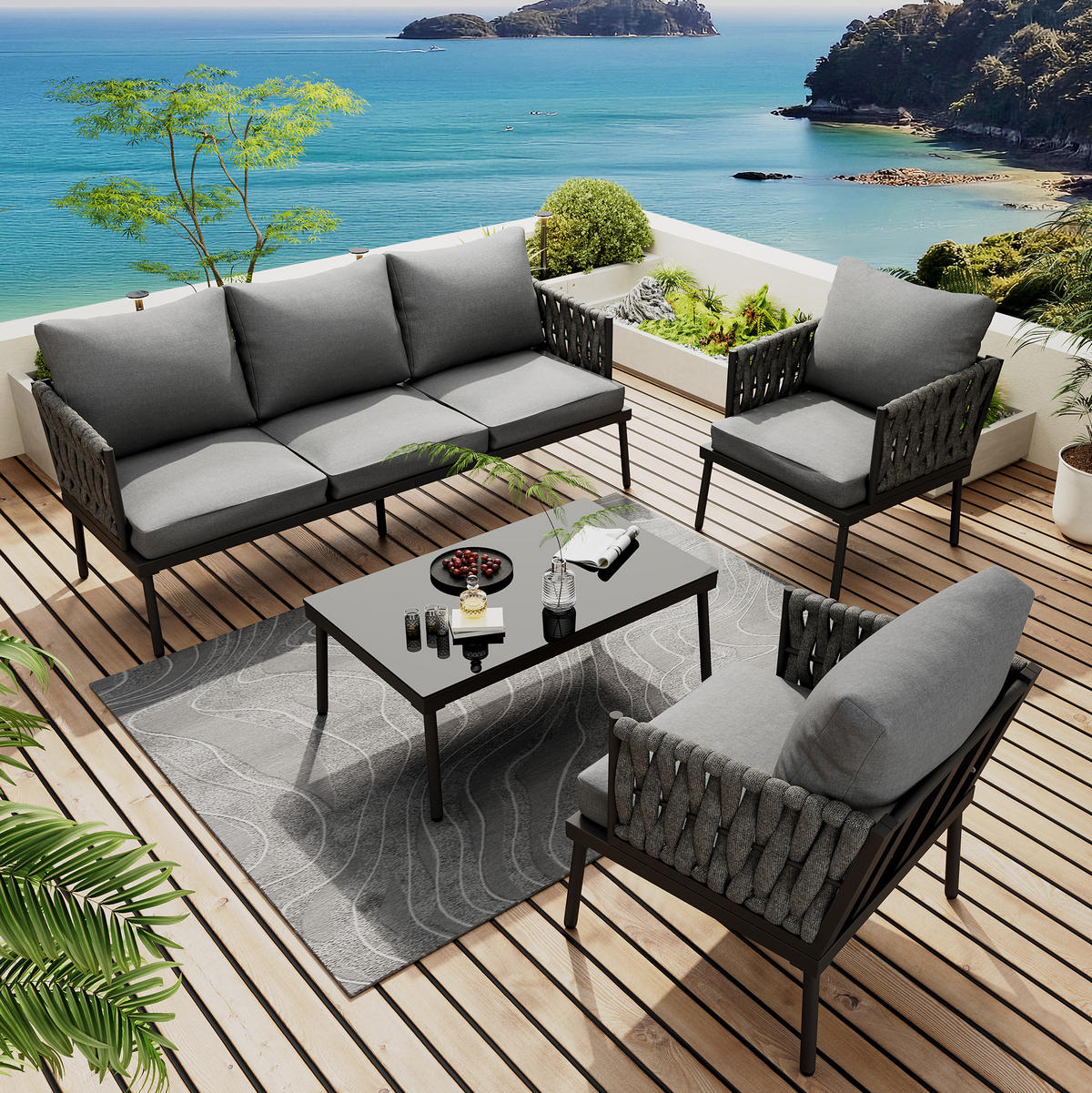 LOUNGE-SET 180/68/66 cm grau aus Polyester mit Glas-Couchtisch und Seilarmlehnen - Grau, Textil - OKWISH