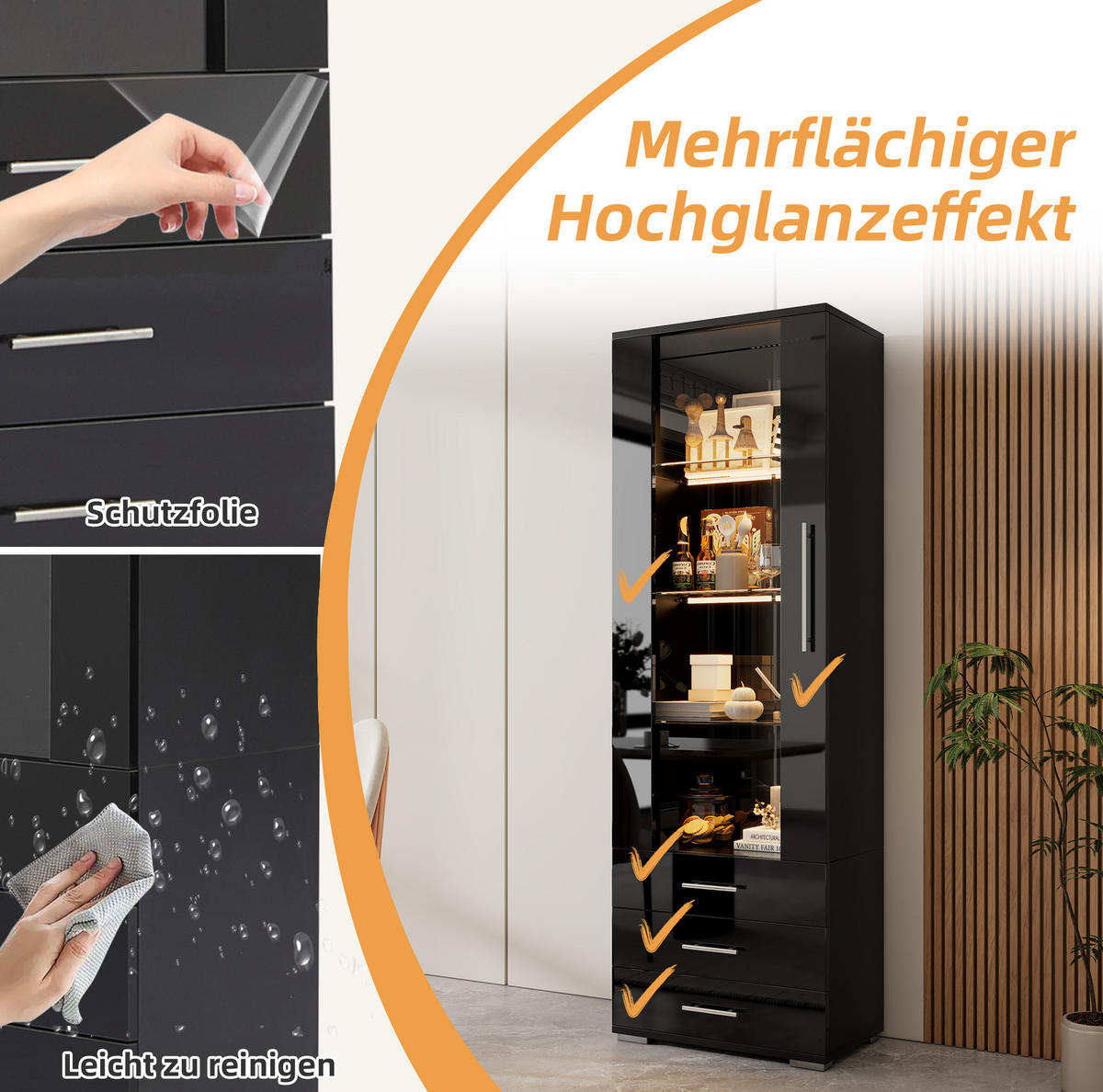 VITRINE 60/35/180 cm aus MDF mit LED-Beleuchtung und Hochglanzfront Schwarz - Schwarz, Holzwerkstoff (60/180/35cm) - Modenvie