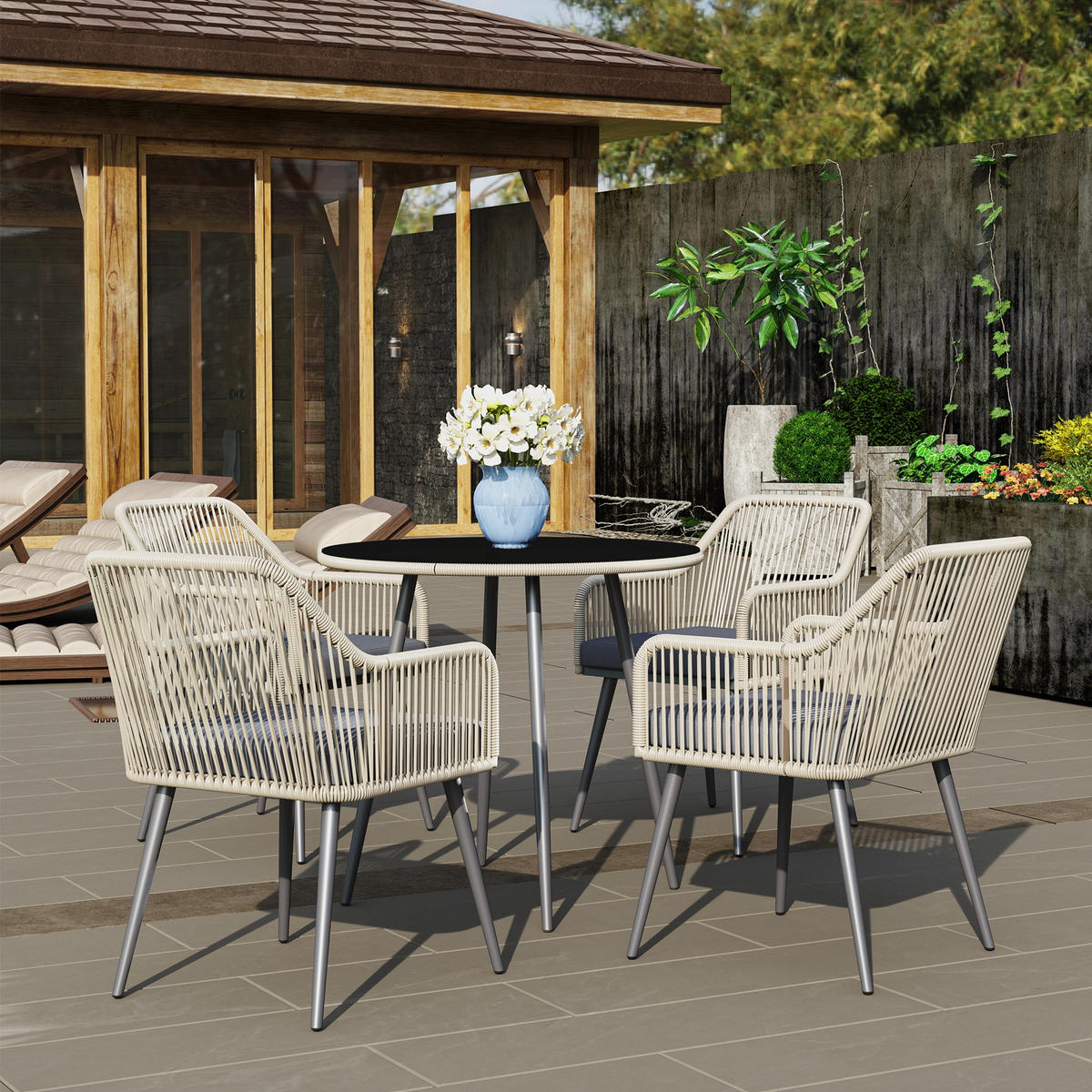 GARTENSET DE-13607 5-teilig mit Glastisch & Kissen Braun - Braun, Metall - ComfortXL