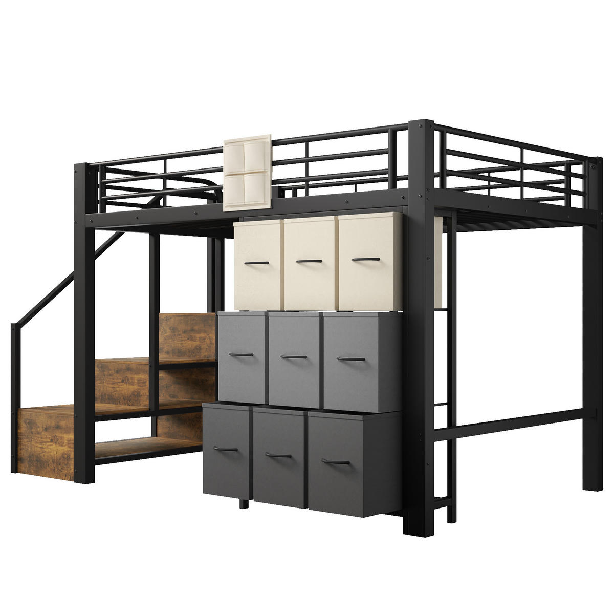 HOCHBETT 140/200 cm Metall mit Schubladen und Kleiderstange ohne Matratze - Schwarz, Metall (140/200cm) - MIVRAY