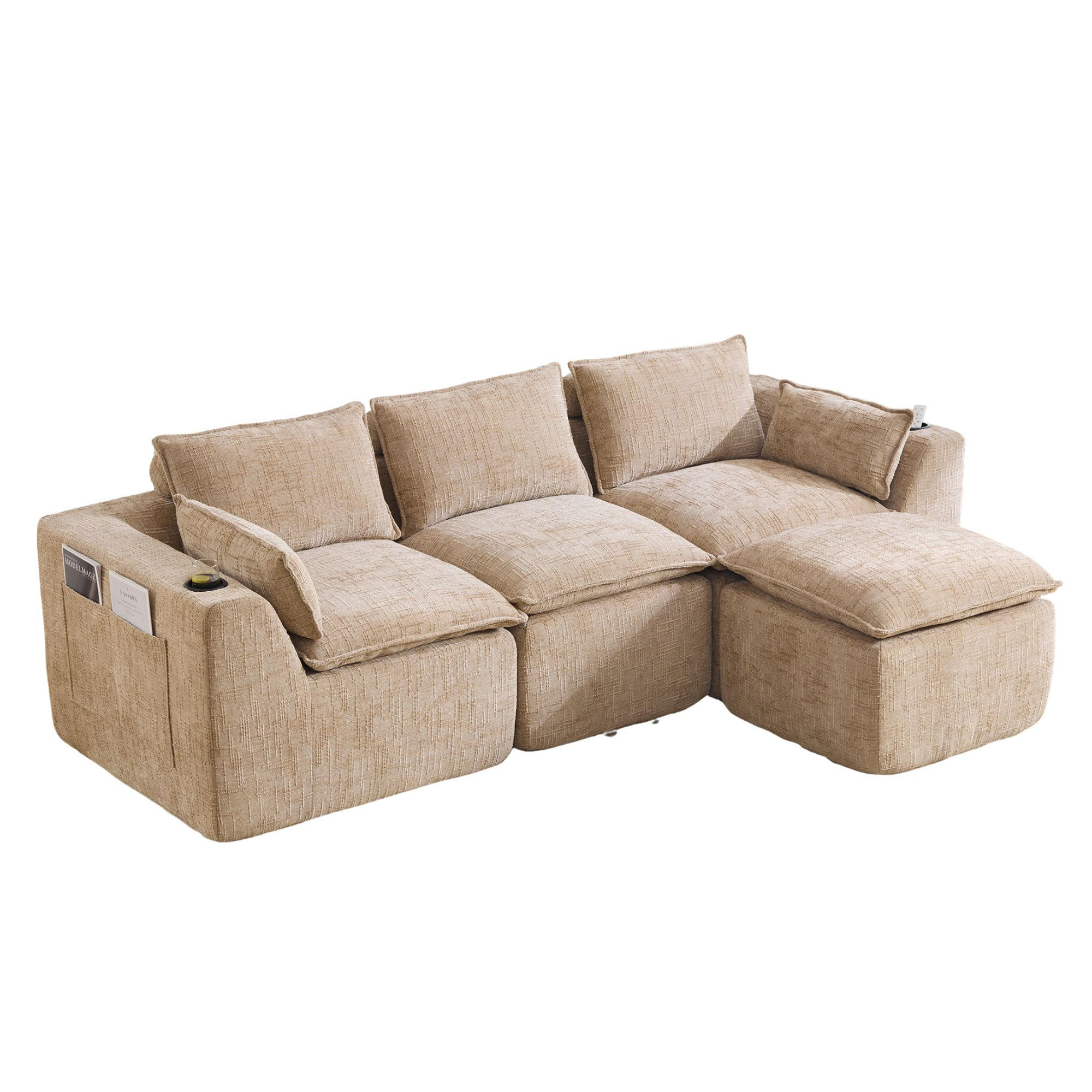 3-SITZER-SOFA aus Chenille, mit Fußhocker und Getränkehalter - Sandfarben, Textil (256/75/161cm) - Urban Meuble