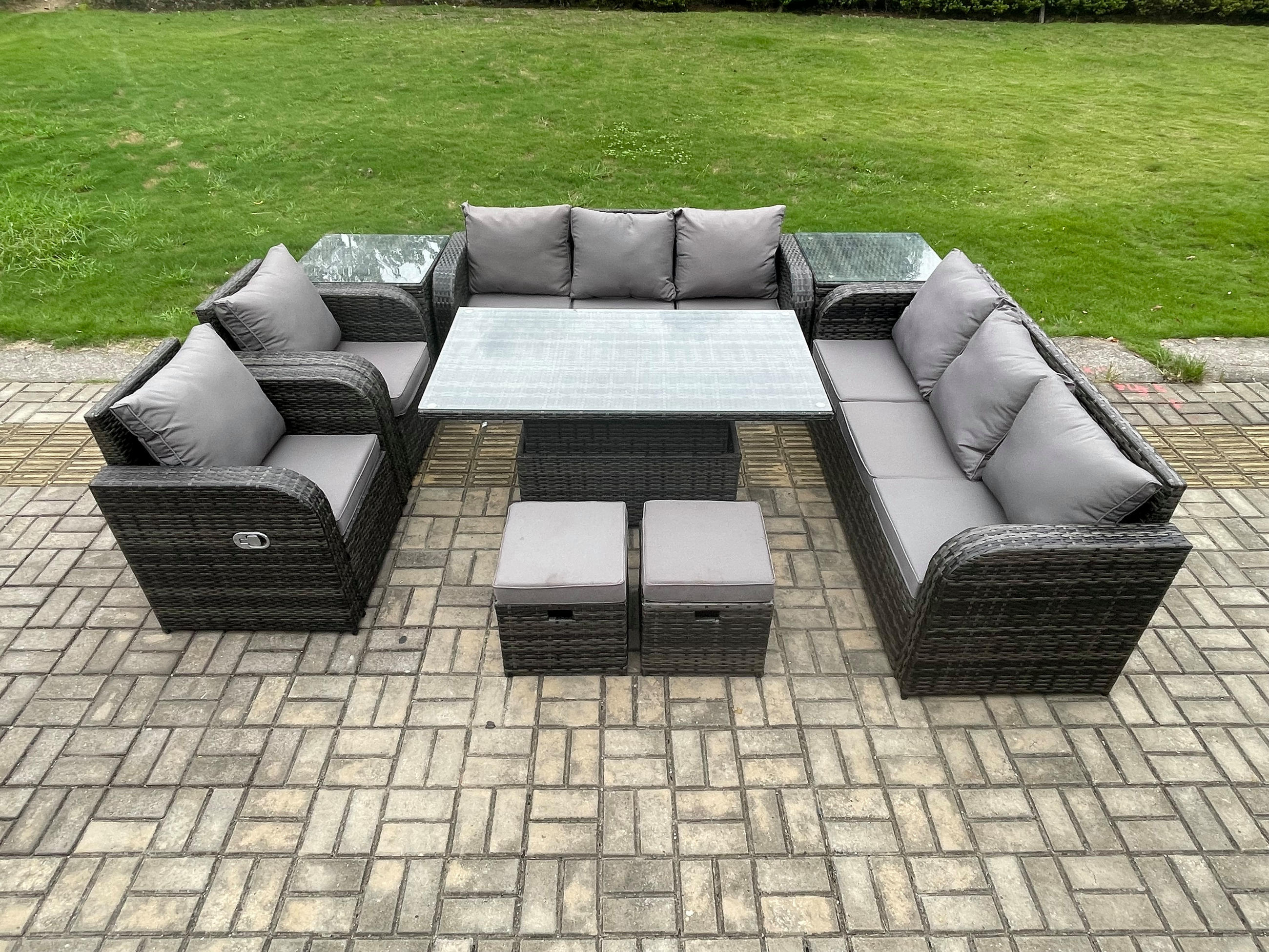SITZGRUPPE GARTENSET MIT BEISTELLTISCH Polyrattan Patio 10-Sitzer - Dunkelgrau/Grau, Glas/Kunststoff - Fimous