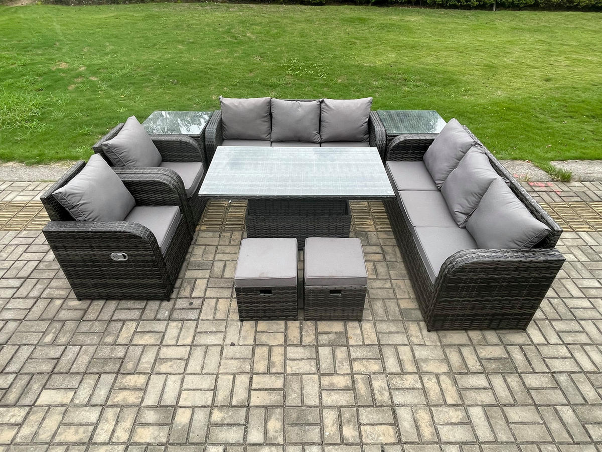 SITZGRUPPE GARTENSET MIT BEISTELLTISCH Polyrattan Patio 10-Sitzer - Dunkelgrau/Grau, Glas/Kunststoff - Fimous