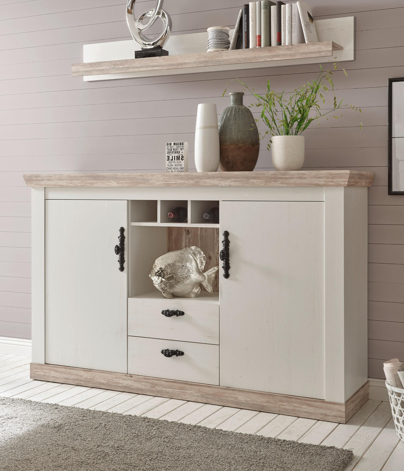 WANDBOARD Pinie weiß, Oslo Pinie Landhaus, Wandregal, 150 x 20 cm - Weiß/Pinienfarben, Holzwerkstoff (150/20/20cm) - Furn.Design