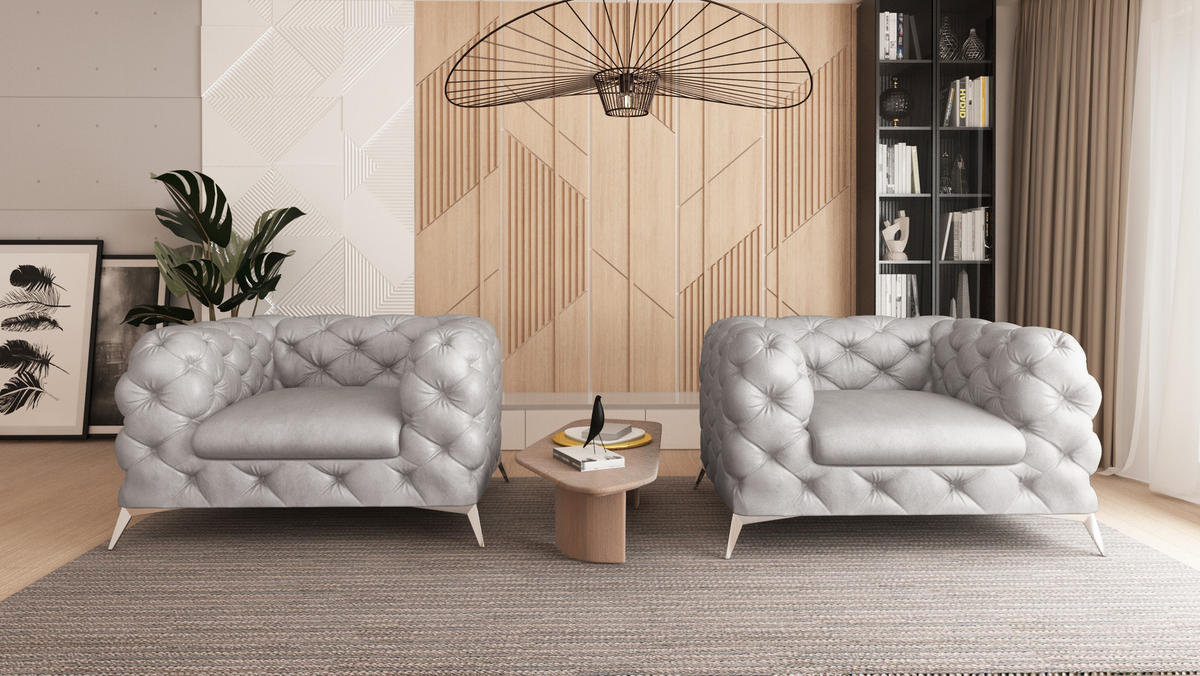 SITZGARNITUR 3+2+1 Chesterfield Quantum Grau Samt - Silberfarben/Grau, Holz/Textil (225/75/100cm) - S-Style Möbel
