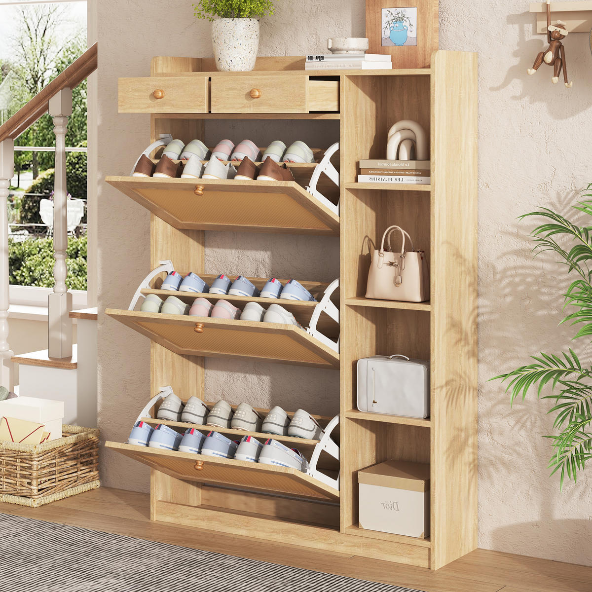 SCHUHSCHRANK 90x24x130cm Rattan mit 3 Klappen, 2 Schubl. - Naturfarben, Holzwerkstoff (90/130/24cm) - FLIEKS
