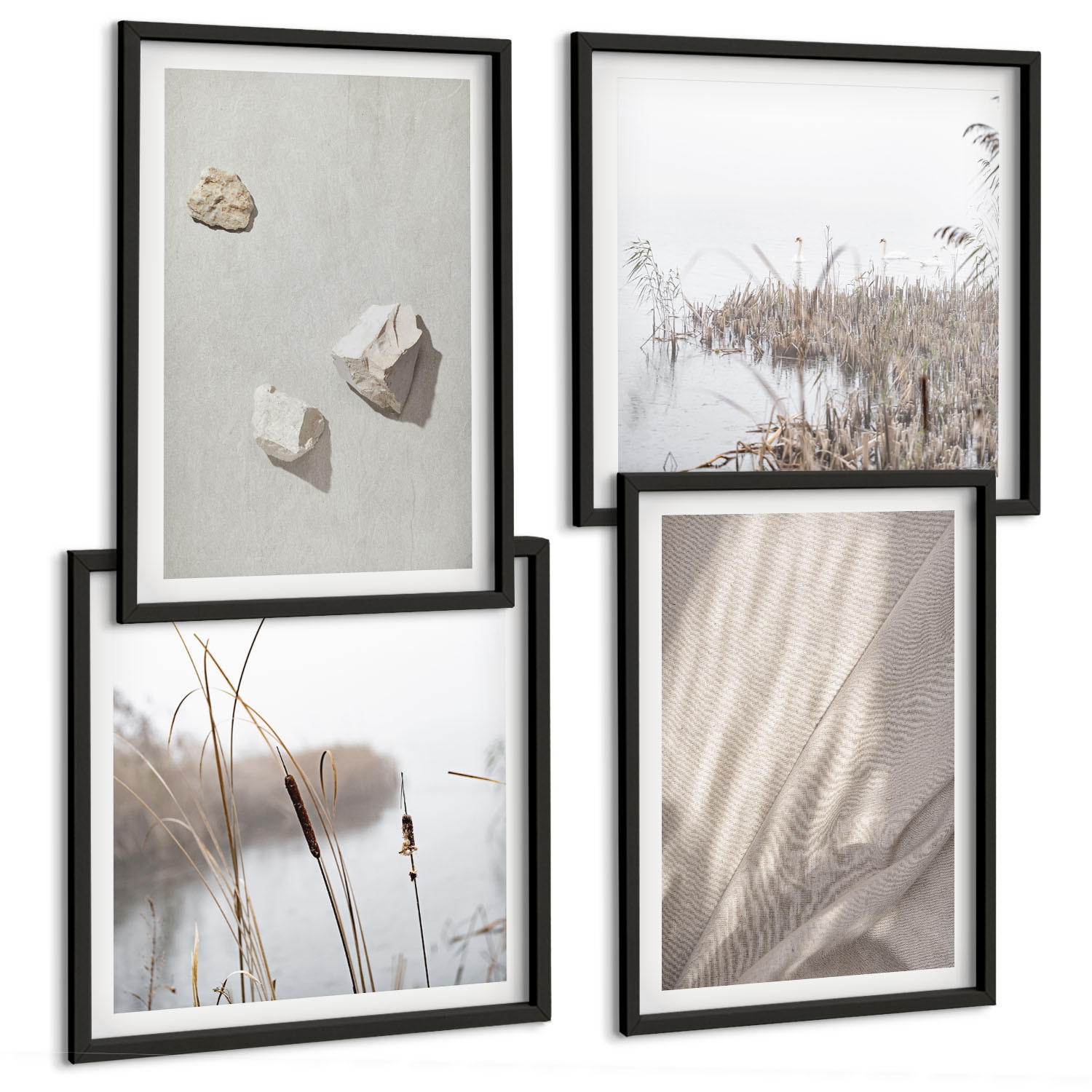 BILDER SET 4er Set - 50x50 cm & 40x60 cm Schwarzer Rahmen - Nahaufnahmen der Struktur im Boho-Stil - Schwarz, Kunststoff (50/50cm) - TULUP