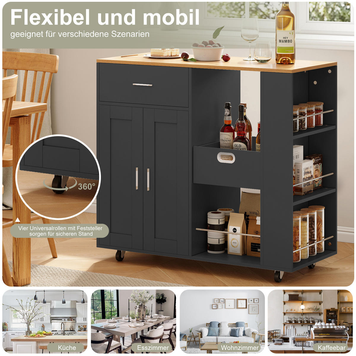 KÜCHENWAGEN rollbar 3 Ebenen Gewürzregal offen schwarz - Schwarz, Holz (46/92/102cm) - LEBENLANG