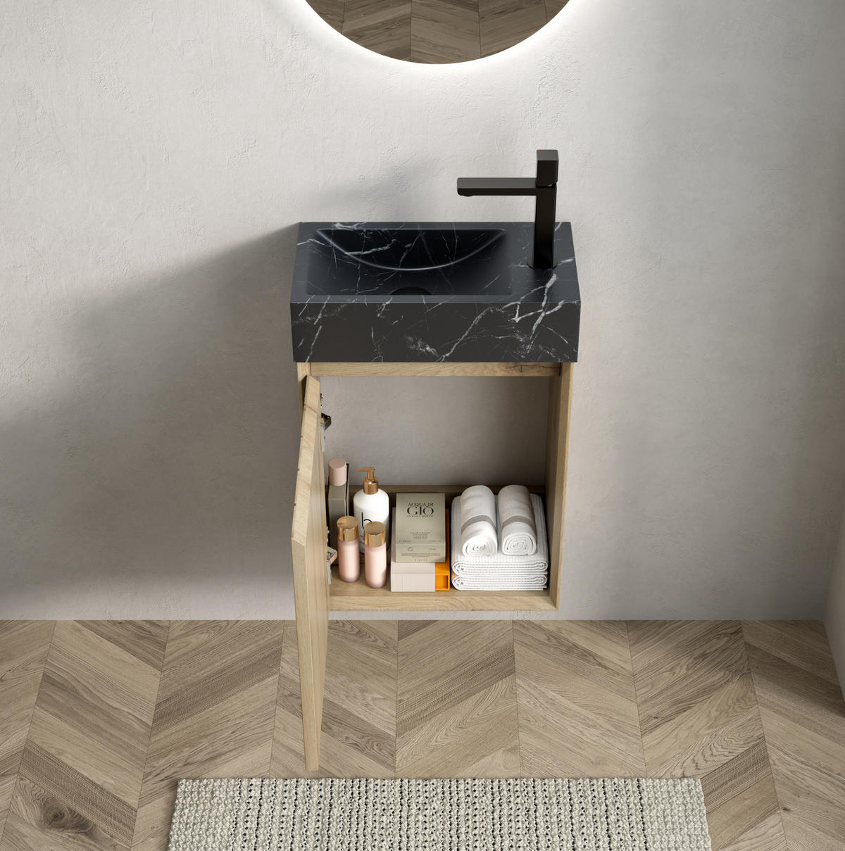 WASCHTISCH mit Unterschrank 40 cm Black/White Oak - Schwarz, Holzwerkstoff (22/58/40cm) - Beauniv