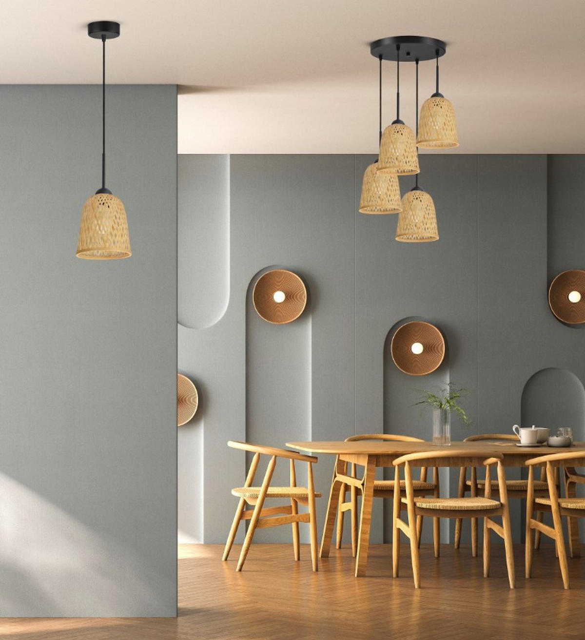 PENDELLEUCHTE BOHO - Schwarz/Weiß, Holz/Metall (40/40/100cm) - kiki design
