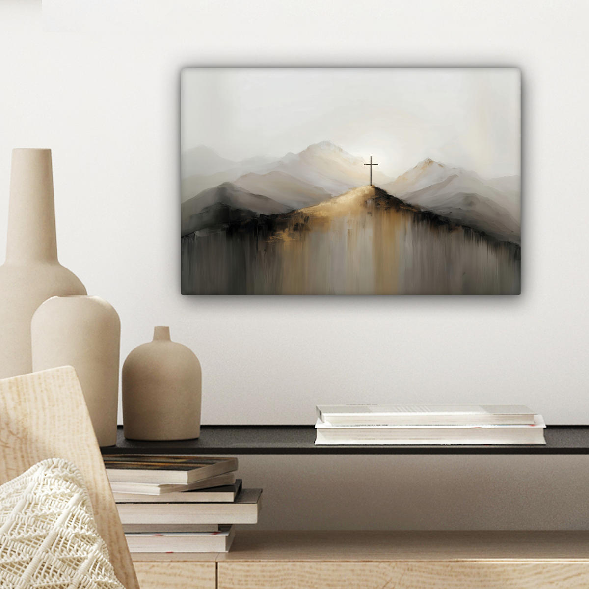 LEINWANDBILD Hügel - Abstrakt - Kreuz - Christentum Deko Schlafzimmer 30x20 cm - Beige, Textil (30/20cm) - MuchoWow