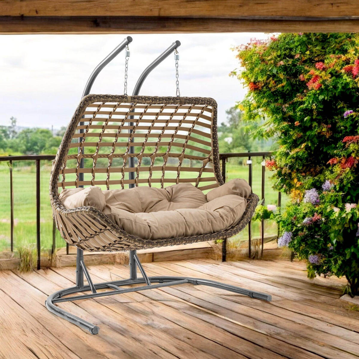 HÄNGESESSEL mit Gestell Rattan Cunda - Hellbraun, Metall (90/214/173cm) - Gowoll