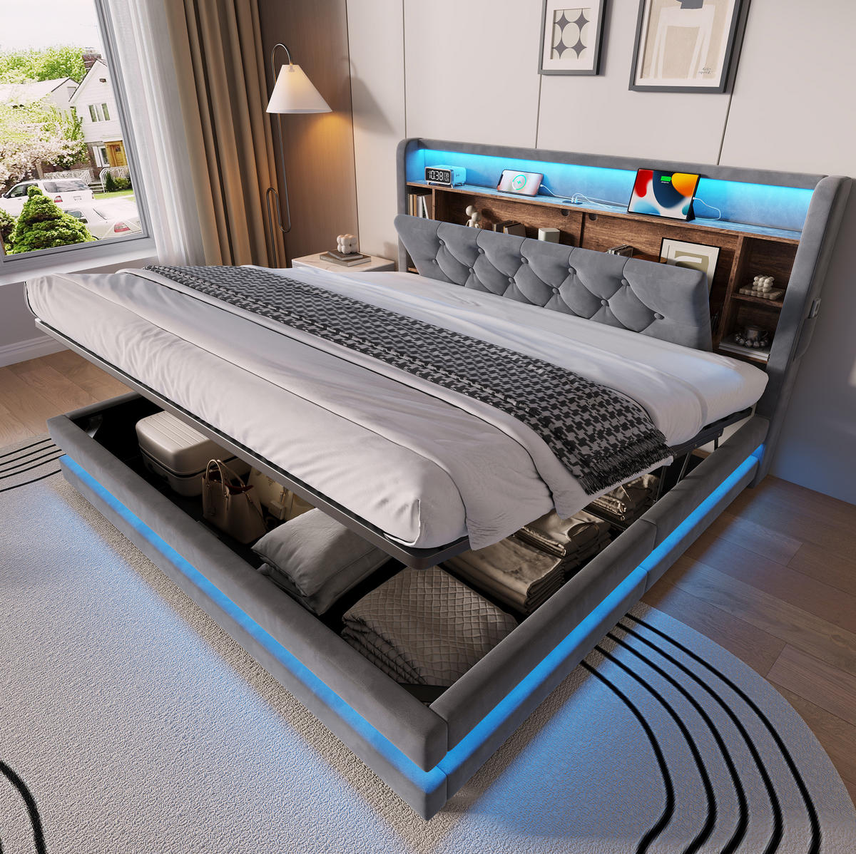 POLSTERBETT aus Samt 160x200 cm Dunkelgrau mit LED-Beleuchtung, USB-C, Bettkasten und Lattenrost - Dunkelgrau, Textil (160/200cm) - Modfu