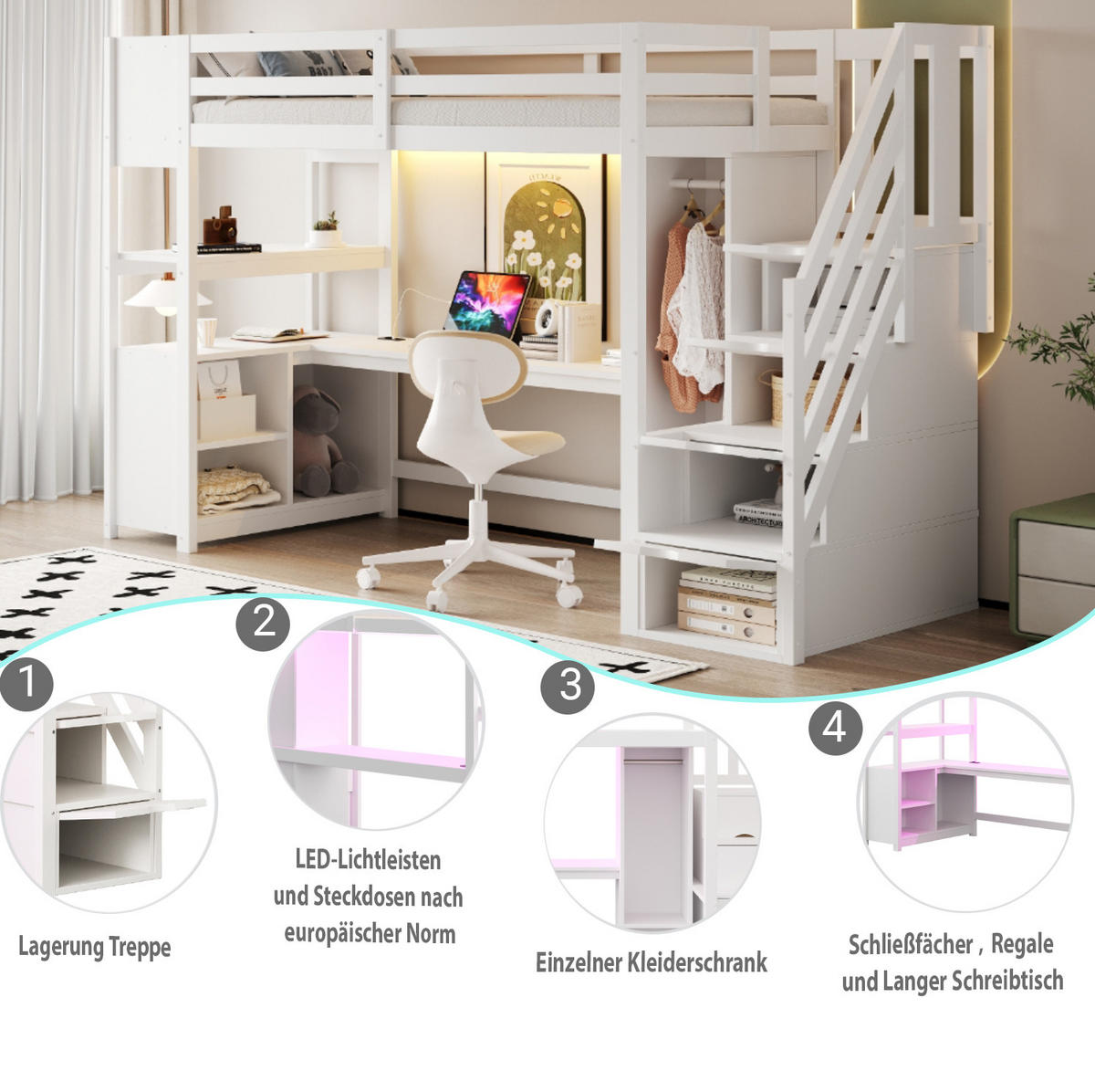 HOCHBETT 90/200 cm weiß aus Massivholz und MDF mit Schreibtisch - Weiß, Holzwerkstoff (90/200cm) - OKWISH