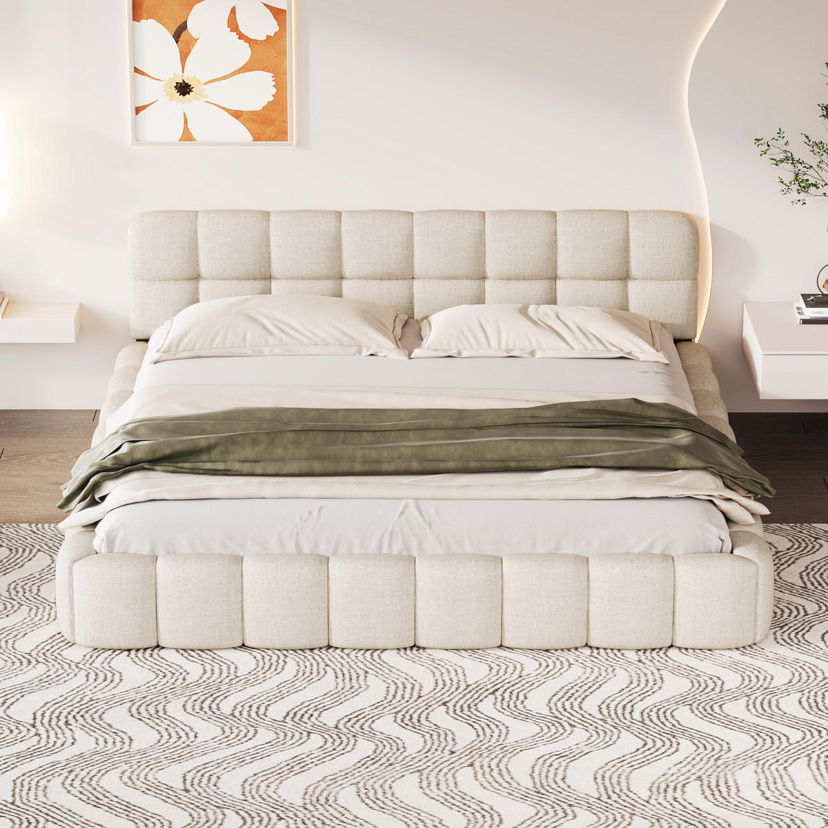 POLSTERBETT 140/200 cm in Beige, Gepolstertes Kopfteil, Leinenoptik Stoff, Modernes Bubble-Design Bett mit Lattenrost, Schlafzimmerbett für 2 Personen - Beige/Naturfarben, Holz/Textil (140/200cm) - BPKADHY