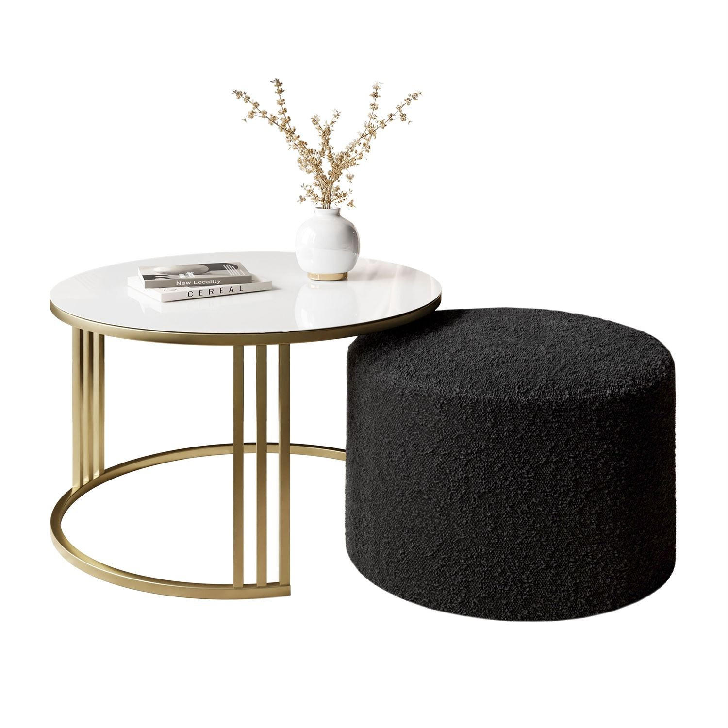 COUCHTISCH mit Hocker LORI GLASS gebürstetes Gold/weißes Glas/Coral 60 - Weiß, Metall (70/70/49cm) - Lookway