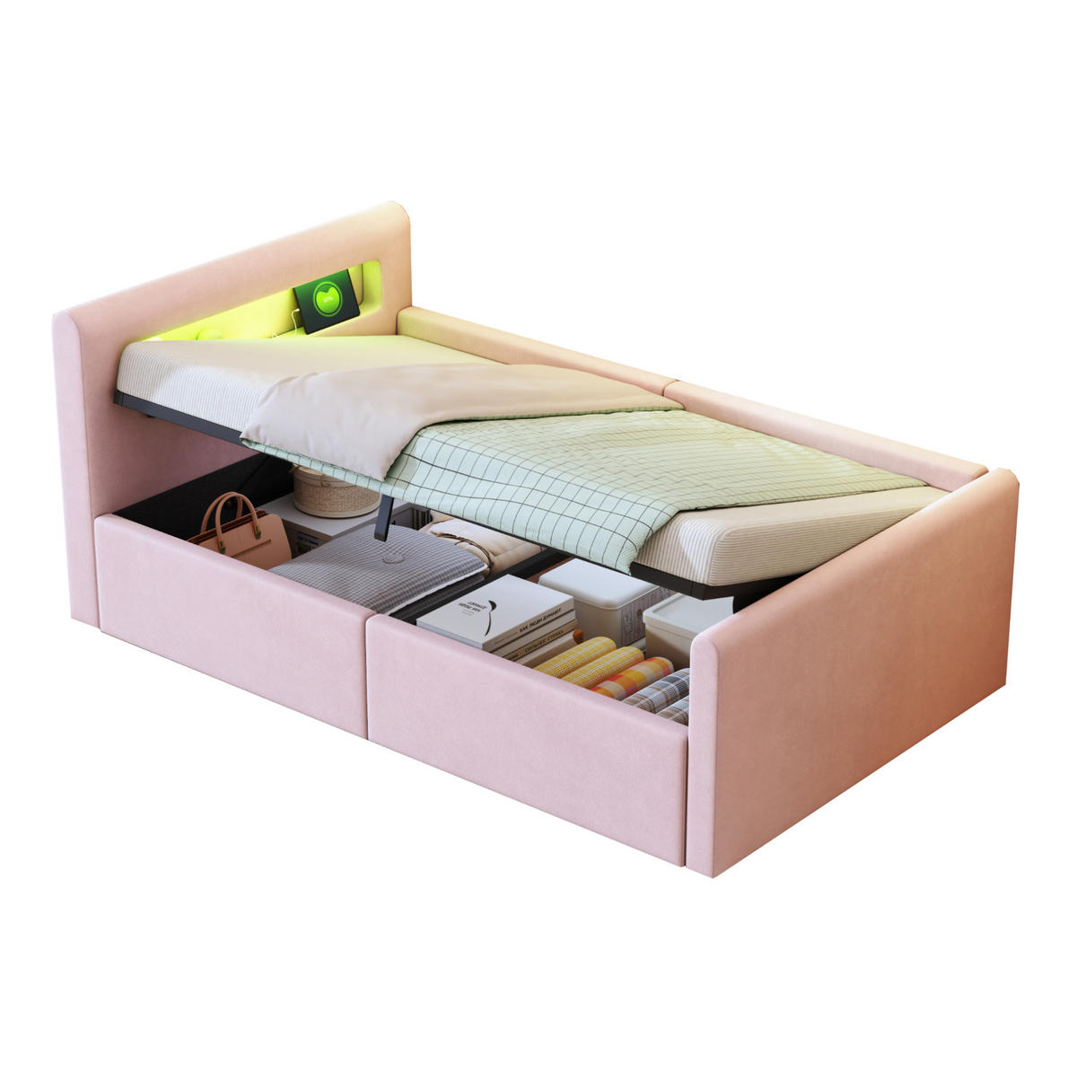 POLSTERBETT 90/200 cm Rosa mit Stauraum und LED-Beleuchtung - Rosa, Textil (90/200cm) - Flora Grace