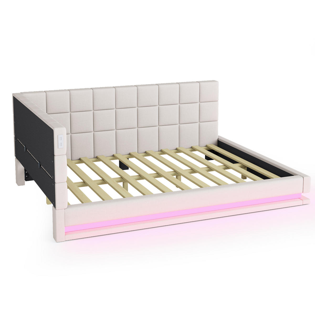 POLSTERBETT 140/200 cm aus Leinen mit LED-Lichtleiste und USB-Anschluss Beige - Beige, Leder (140/200cm) - Modenvie