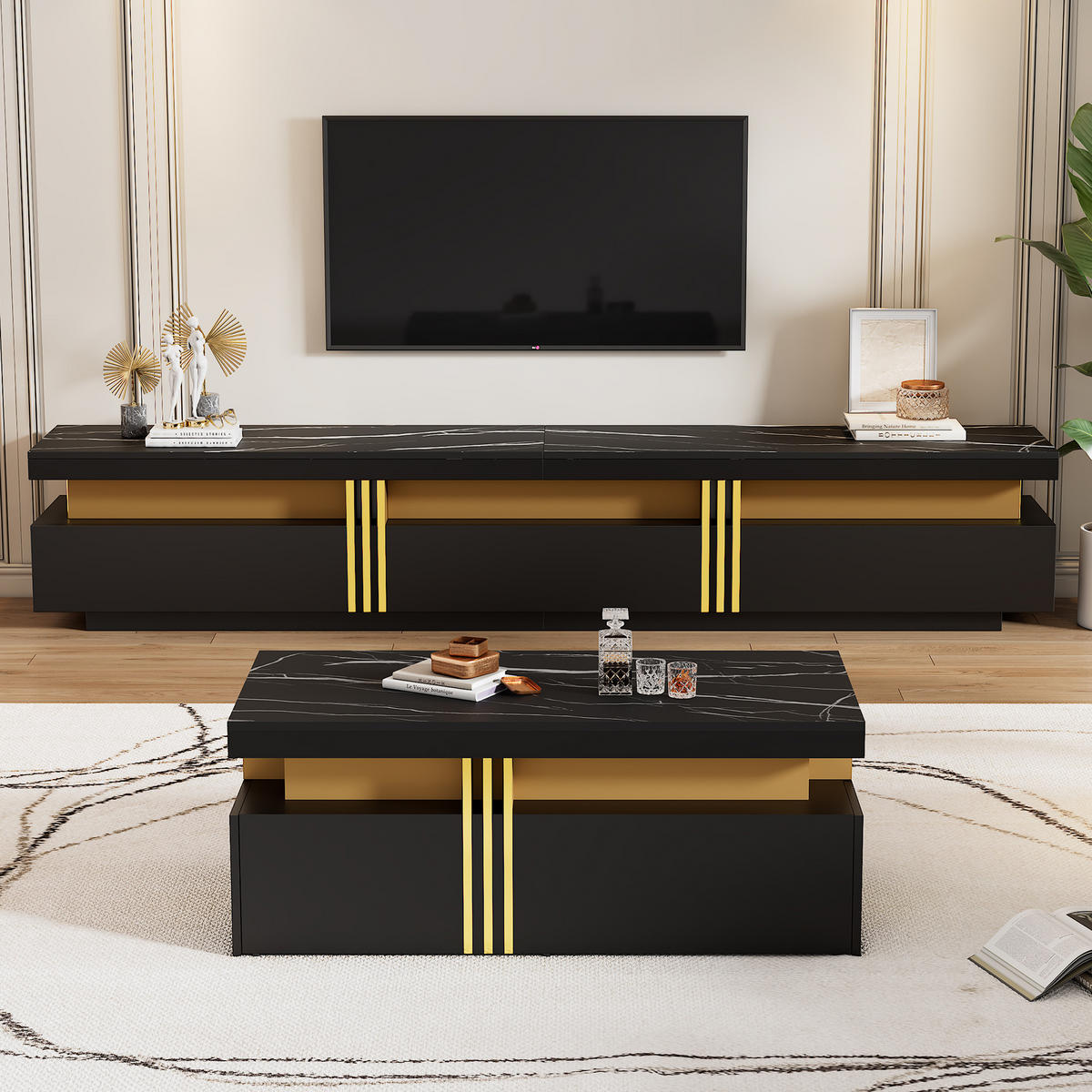TV-ELEMENT mit Couchtisch - Schrankkombination 2er-Set in Schwarz und Gold - Schwarz, Holzwerkstoff (100/40/50cm) - OKWISH