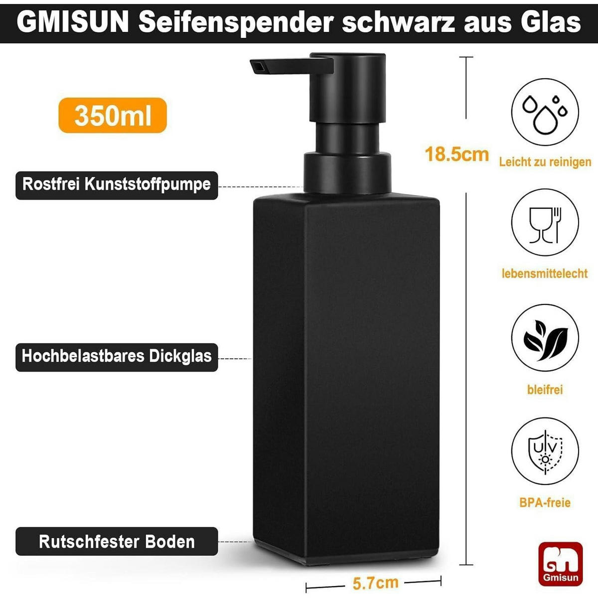 SEIFENSPENDER 2-teiliges Set Glas Schwarz 350 ml - Schwarz, Glas (18.5/5.7/5.7cm)