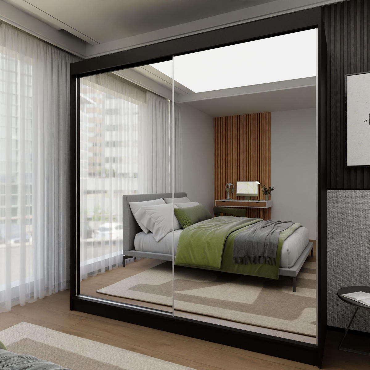 SCHWEBETÜRENSCHRANK BELLINA 200/216/61 cm 2-türig mit Spiegel Schwarz - Schwarz, Holzwerkstoff (200/216/61cm) - MASSENO