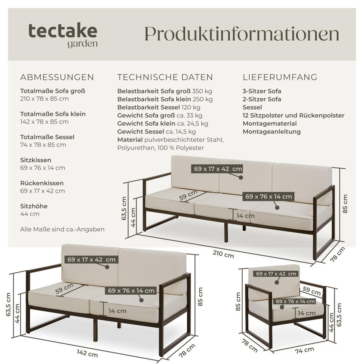 GARTEN-LOUNGESET Comosa,höhenverstellbare Füße,braun/beige - Beige/Braun, Kunststoff - tectake