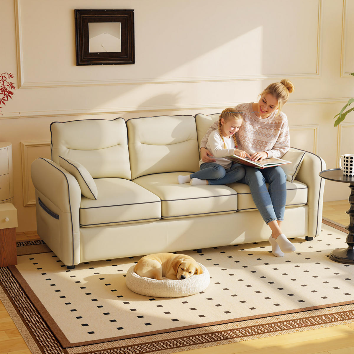SOFA, 3-Sitzer, Kunstleder, dicke Polsterung, Seitentasche, beige, 190x83x90cm - Multicolor, Holzwerkstoff (190/90/83cm) - FORIOUS