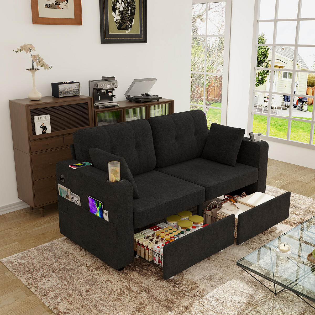 2-SITZER Sofa 172/75/82 cm mit USB-Anschlüssen, Stauraumschubladen und Getränkehaltern, Chenille, Schwarz - Schwarz, Textil (172/82/75cm) - Redom
