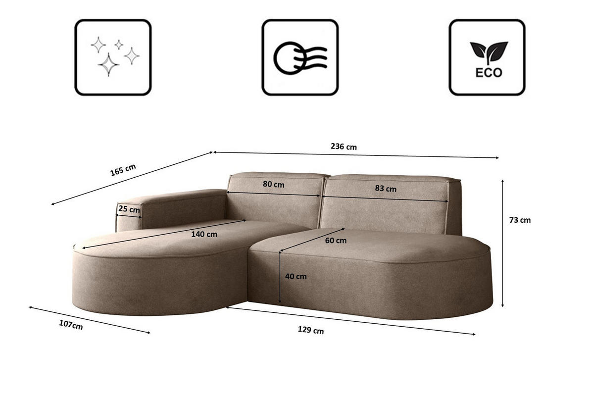 ECKSOFA Modena Modern Und Komfort Velours Stoff Salvador Links Dunkelbeige - Cappuccino, Holz/Textil (165/236cm) - Kaiser Möbel