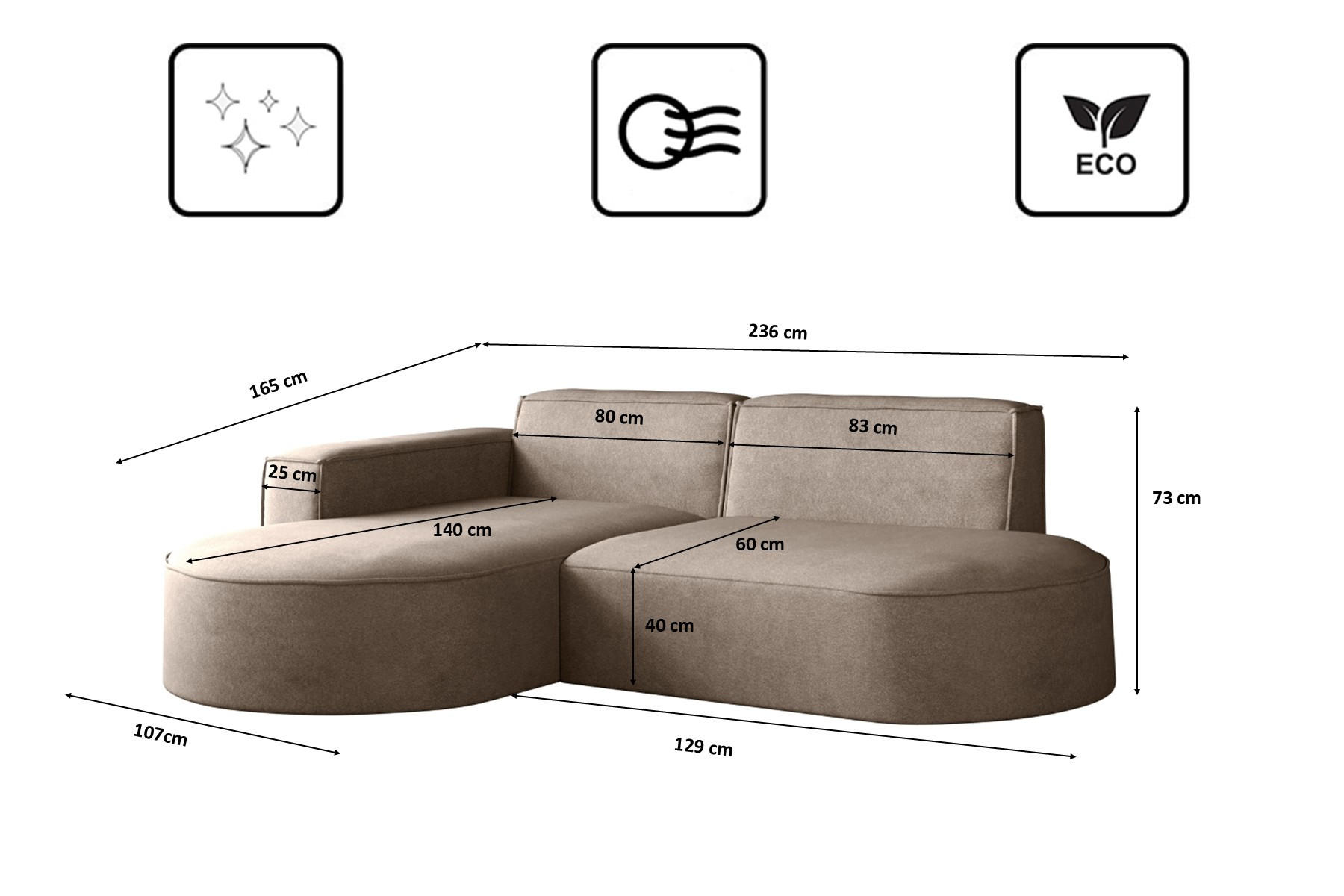 Thumbnail - Kaiser Möbel Ecksofa, Cappuccino, Textil, 3-Sitzer, Füllung: Komfortschaum, L-Form,L-Form, 236x165 cm, Wohnzimmer, Sofas...