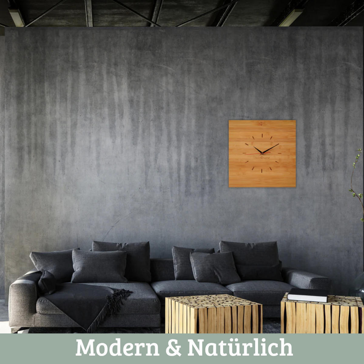 WANDUHR groß Holz BAMBUS 50x50 cm Quadratisch Geräuschlos - Braun, Holz (50/50/2cm) - DELUKE