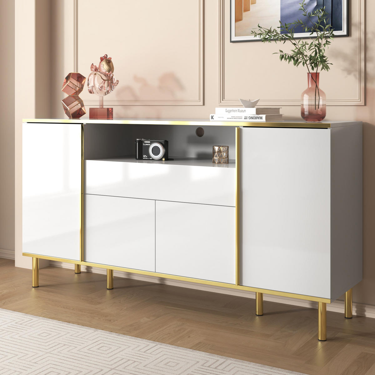 KUCHYŇSKÁ SKŘÍŇ bílá, zásuvka, úložný prostor, do obývacího pokoje a ložnice, 150×40×80 cm - bílá/zlatá, kov/kompozitní dřevo (150/80/40cm) - STILVORA
