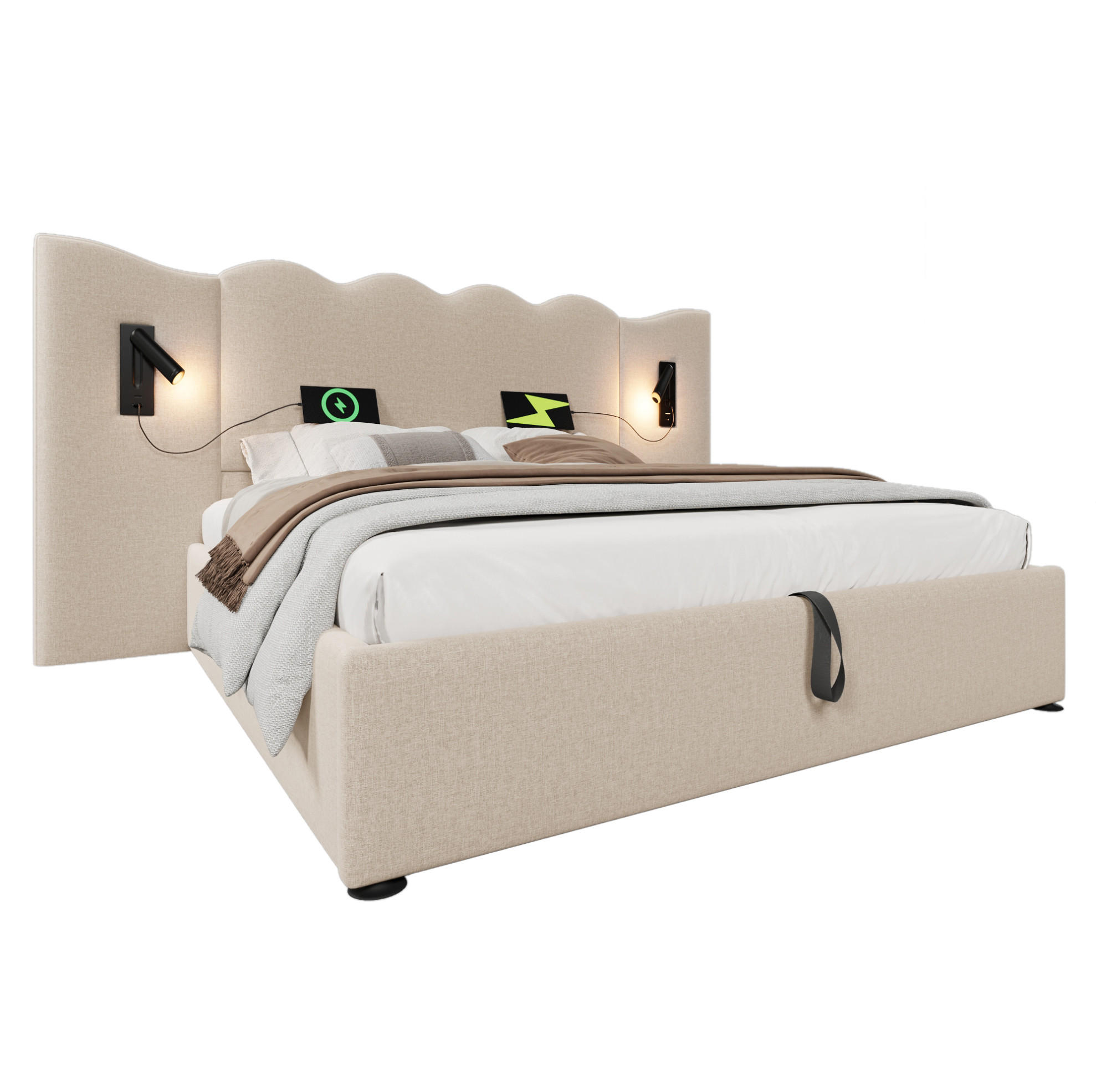 POLSTERBETT 160/200 cm Beige aus Leinen mit Stauraum, Leselampe und Matratze - Beige, Textil (160/200cm) - OKMYHOME