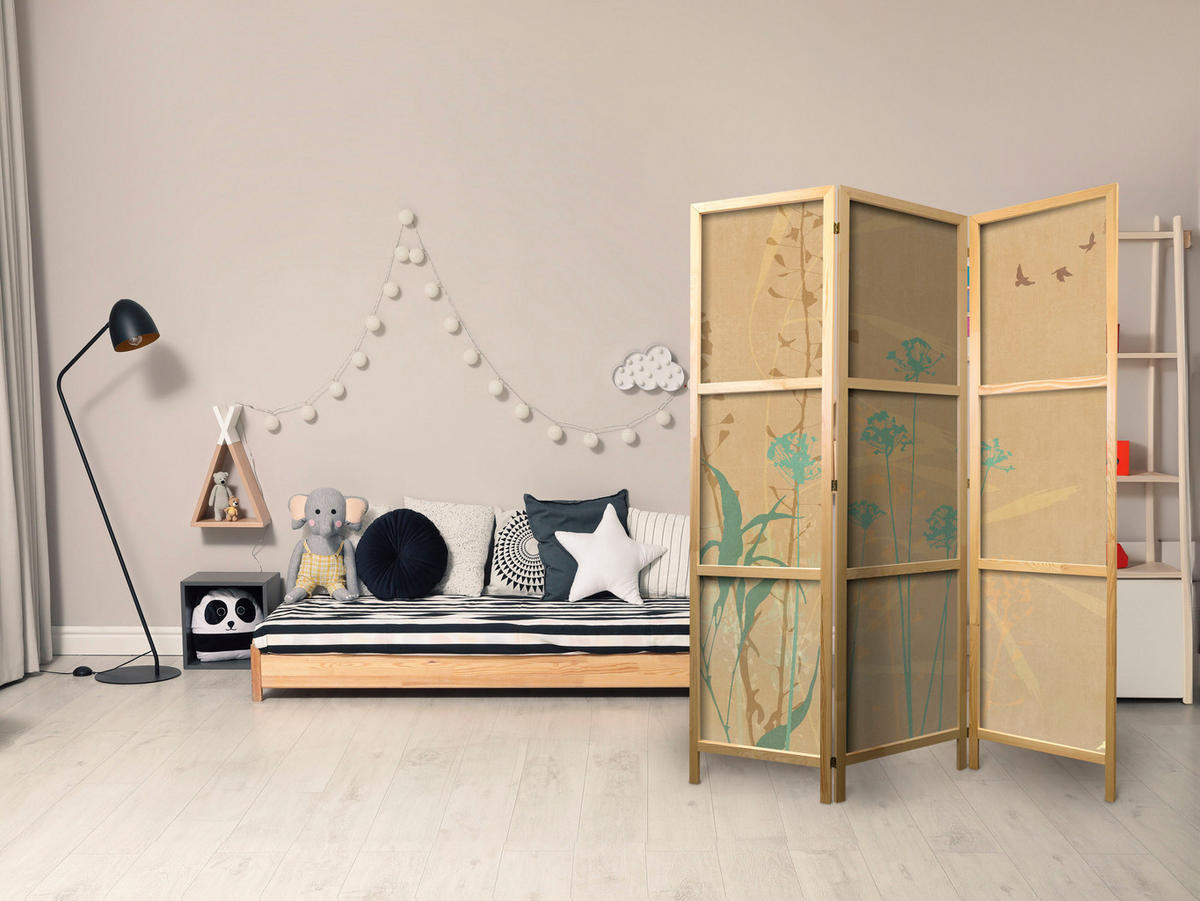 PARAVENT Japanischer 3-tlg 135x172 cm Boho Pflanzen - Beige, Holz/Textil (135/172/3cm) - Muralo