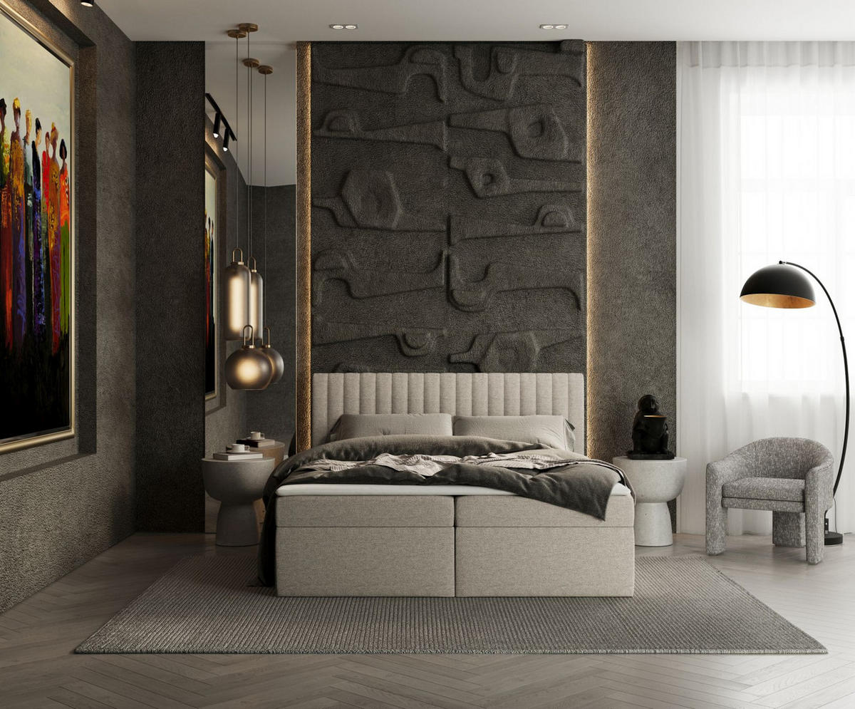 BOXBETT Spencer Beige 140/200 cm mit Matratze und Topper - Beige/Schwarz, Holz/Holzwerkstoff (140/200cm) - Maison de Reve