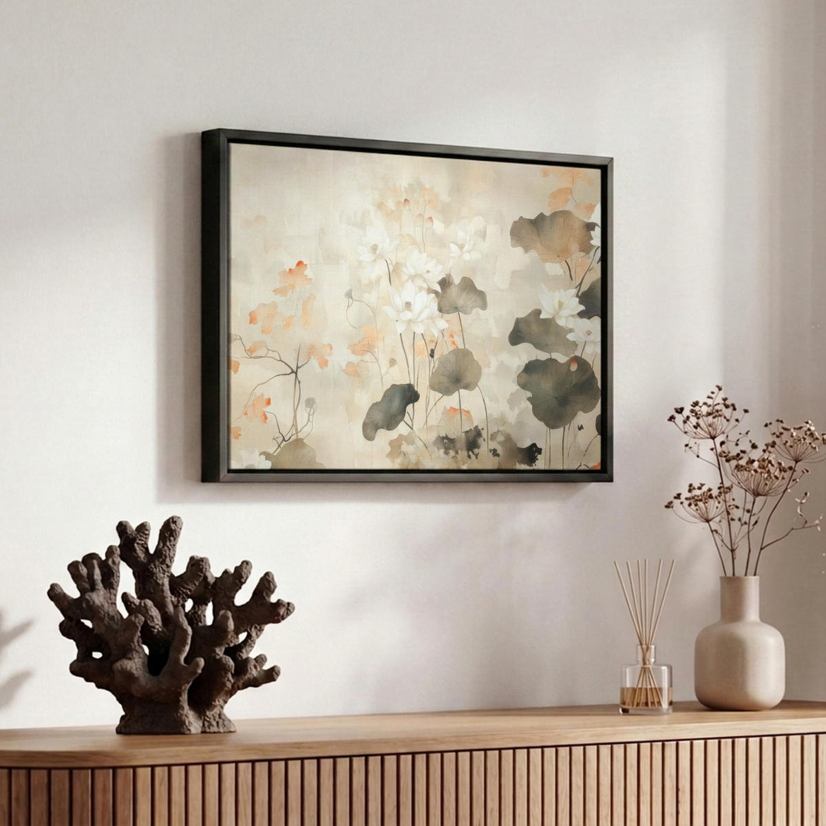 LEINWAND Bilder mit Rahmen - Blumen - Japandi - Wabi sabi - 30x20 - Sandfarben, Textil (30/20cm) - MuchoWow
